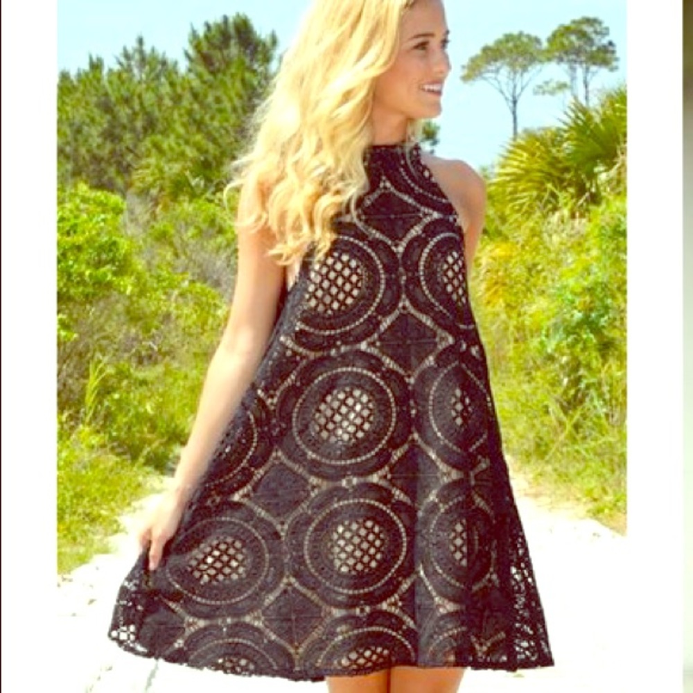 Judith March High Neck Black Crochet Dress
